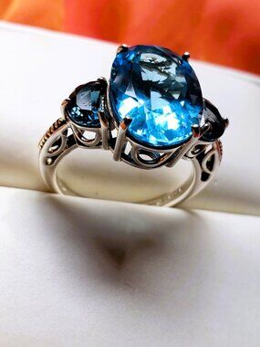 Artisan Two-Tone 925 Sterling Silver 14K Gold Swiss Blue Topaz Cocktail Ring S7